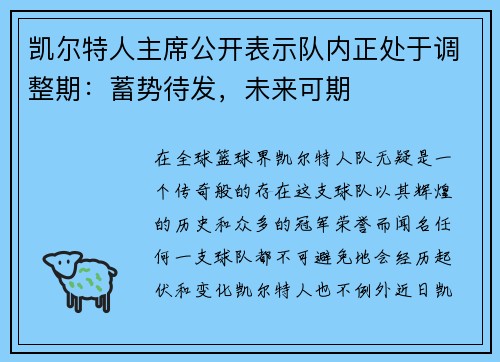 凯尔特人主席公开表示队内正处于调整期：蓄势待发，未来可期